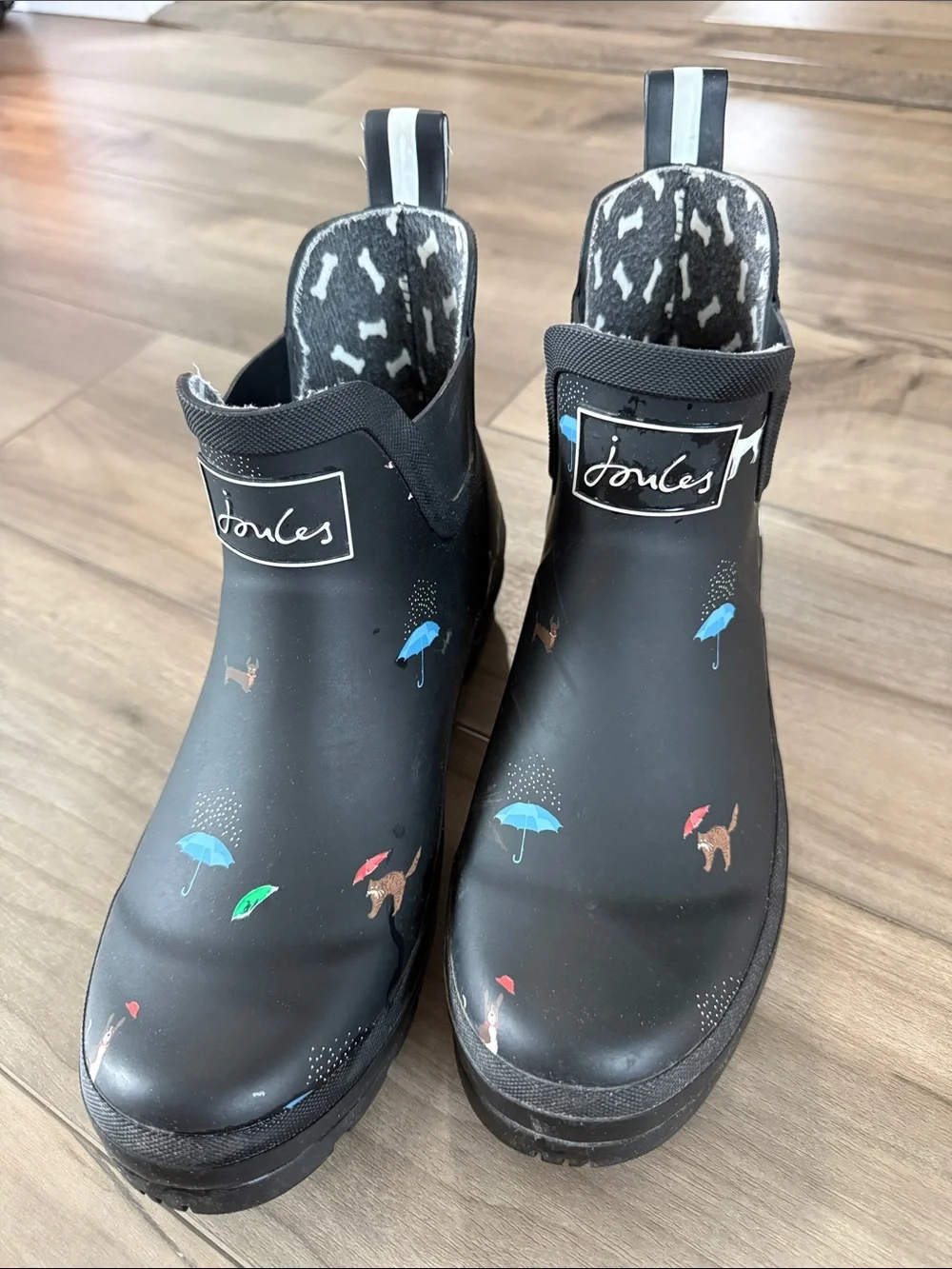 Joules Wellibob Black Women’s Ankle Rain Boots with Umbrella & Dog Print Size 9